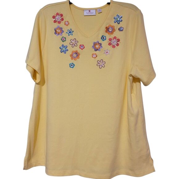 Quacker Factory Womens Beaded Embroidered Floral Blouse Yellow XL - Picture 1 of 5